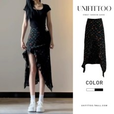 批发2026法式黑色碎花a字半身裙女夏季小个子不规则高腰开叉长裙