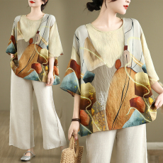 批发<b class='q'>实拍</b>2026夏季新品麻棉民族风蝙蝠袖宽松<b class='q'>大码</b>圆领T恤女