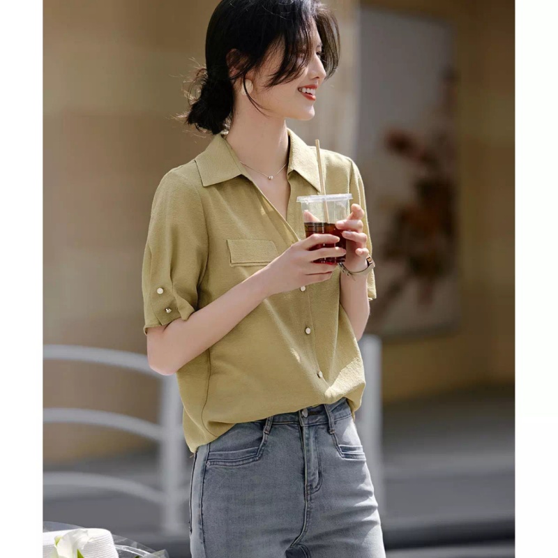 FA33767# 简约大气通勤v领衬衫夏季新款气质通勤百搭女式衬衫 服裝批發女裝批發服飾貨源