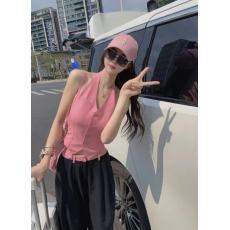 批发粉色条纹露背挂脖吊带背心上衣女装高腰黑色阔腿裤休闲<b class='q'>长裤</b>两件套