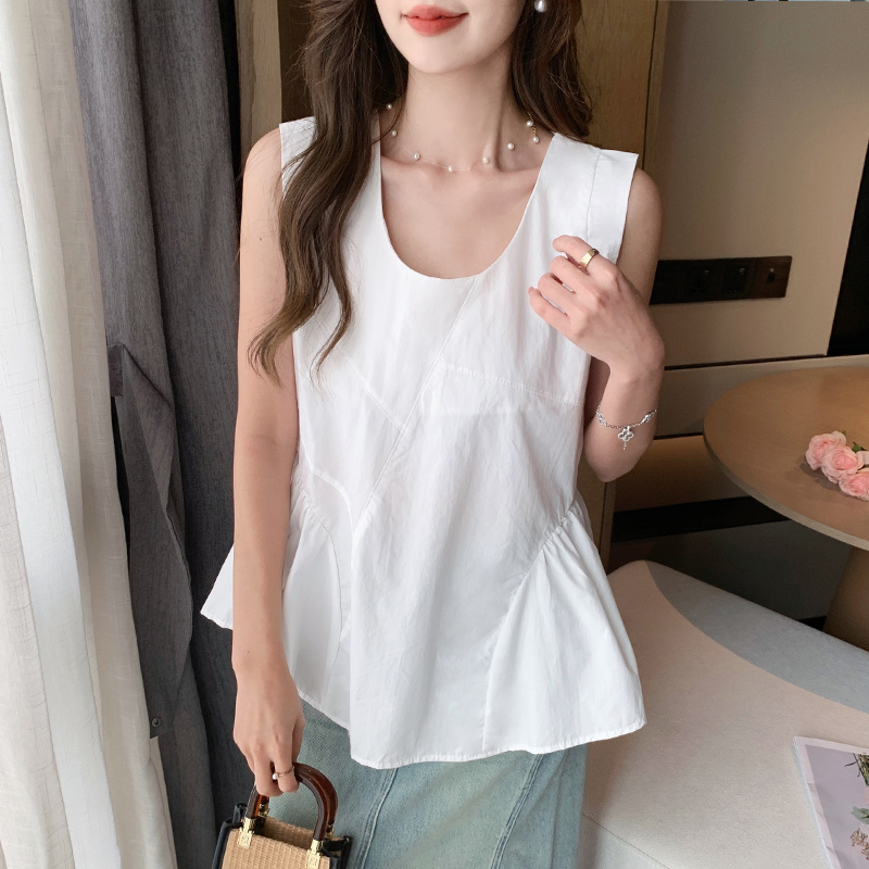 RY1679#夏季新款韩版百搭圆领无袖衬衫女A字款背心时尚小衫