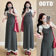 批发<b class='q'>实拍</b>绣花2026<b class='q'>孕妇装</b>条纹吊带裙+白色打底T