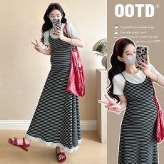 批发<b class='q'>实拍</b>2026<b class='q'>孕妇装</b>条纹花边拼接吊带裙+白色打底T