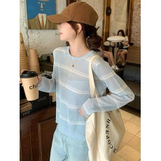 批发韩系别致条纹微透长袖镂空防晒罩衫T恤女2025新款<b class='q'>宽松</b><b class='q'>打底衫</b>上衣
