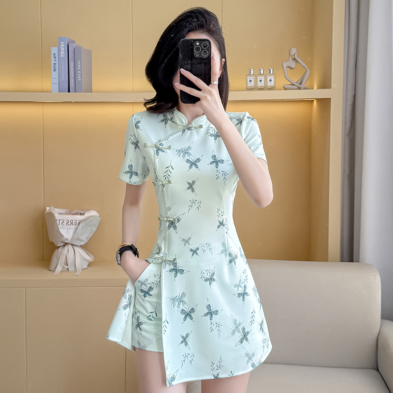 MY6418# 弹力改良旗袍新款温柔年轻款气质高端少女小个子套装女裝貨源服裝批發