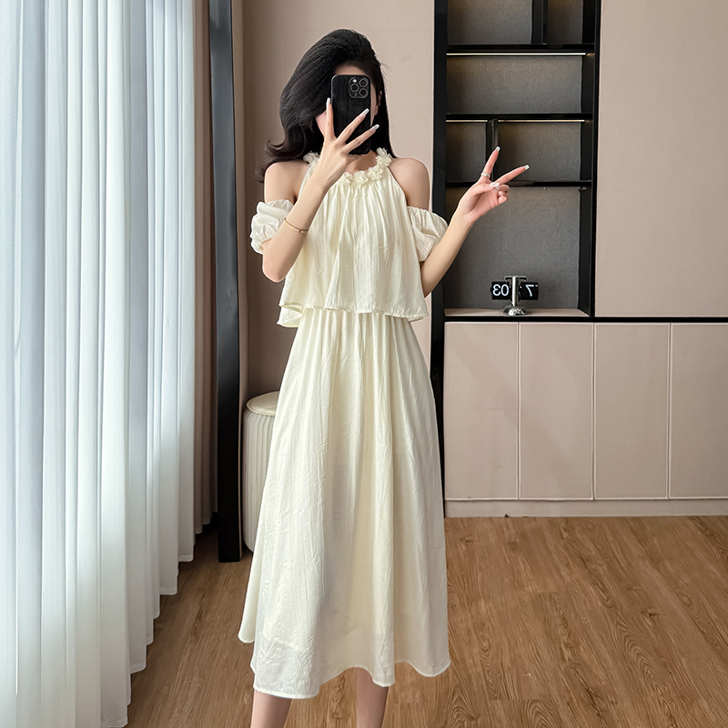 FA30702# 泡泡袖挂脖露肩连衣裙女夏季收腰气质显瘦温柔风白月光长裙 服裝批發女裝批發服飾貨源