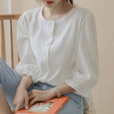 批发白色雪纺<b class='q'>衬衫</b>2025秋季新款韩版雪纺衫女上衣宽松遮肚圆领洋气小衫