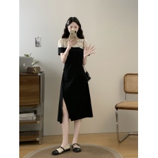 批发实拍大码女装2026夏季新款法式赫本风拼接皱褶开叉中长款连衣裙