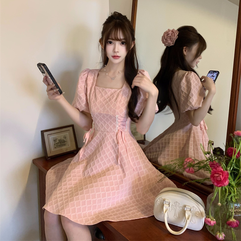 MY9733# 新款大码法式赫本风方领连衣裙女夏季胖mm收腰显瘦小众气质辣妹裙女裝貨源服裝批發