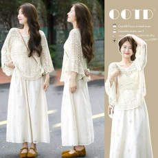 批发实拍2026春<b class='q'>夏</b>季新款孕妇纯棉蕾丝宽松背心裙＋针织勾花防晒罩衫