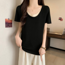 批发实拍 胖mm大码女装夏装新款假两件<b class='q'>短袖</b>T恤显瘦宽松遮肚子正肩上衣