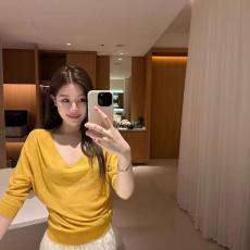 批发蝶宝嘻 夏日偏爱 天丝亚麻短中袖t恤女夏季百搭v领打底衫内搭上衣