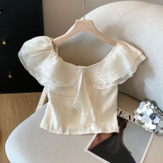 批发实拍 法式一字肩短袖白衬衫女上衣气质<b class='q'>新款</b>衬衣夏季别致绝美小衫