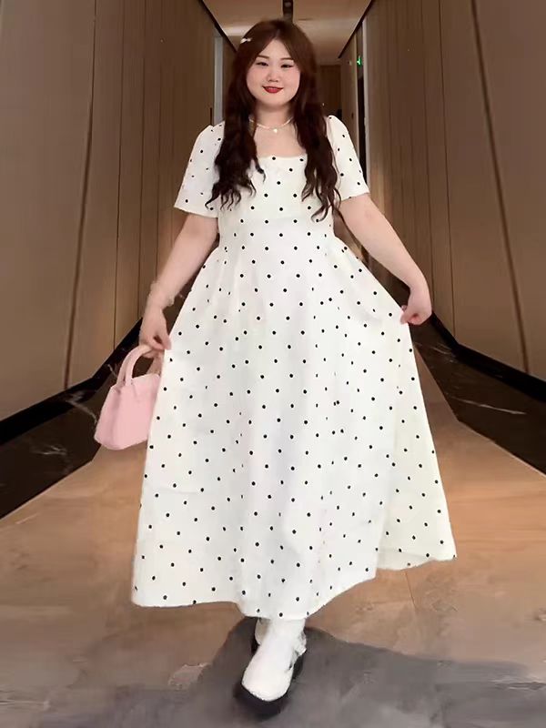 RY8567# 大码女装气质波点收腰方领连衣裙夏季新款微胖mm遮胯显瘦内搭裙子