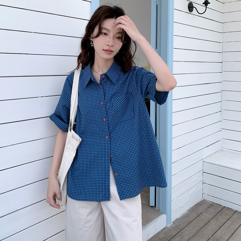 实拍 复古蓝色格子衬衫女夏季休闲上衣翻领纯棉短袖衬衣