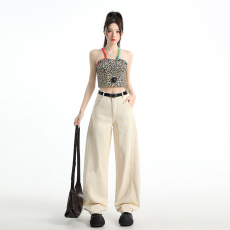 批发浅色高腰拼接弯刀<b class='q'>牛仔裤</b>女2026年春夏季新款宽松显瘦百搭阔腿裤子