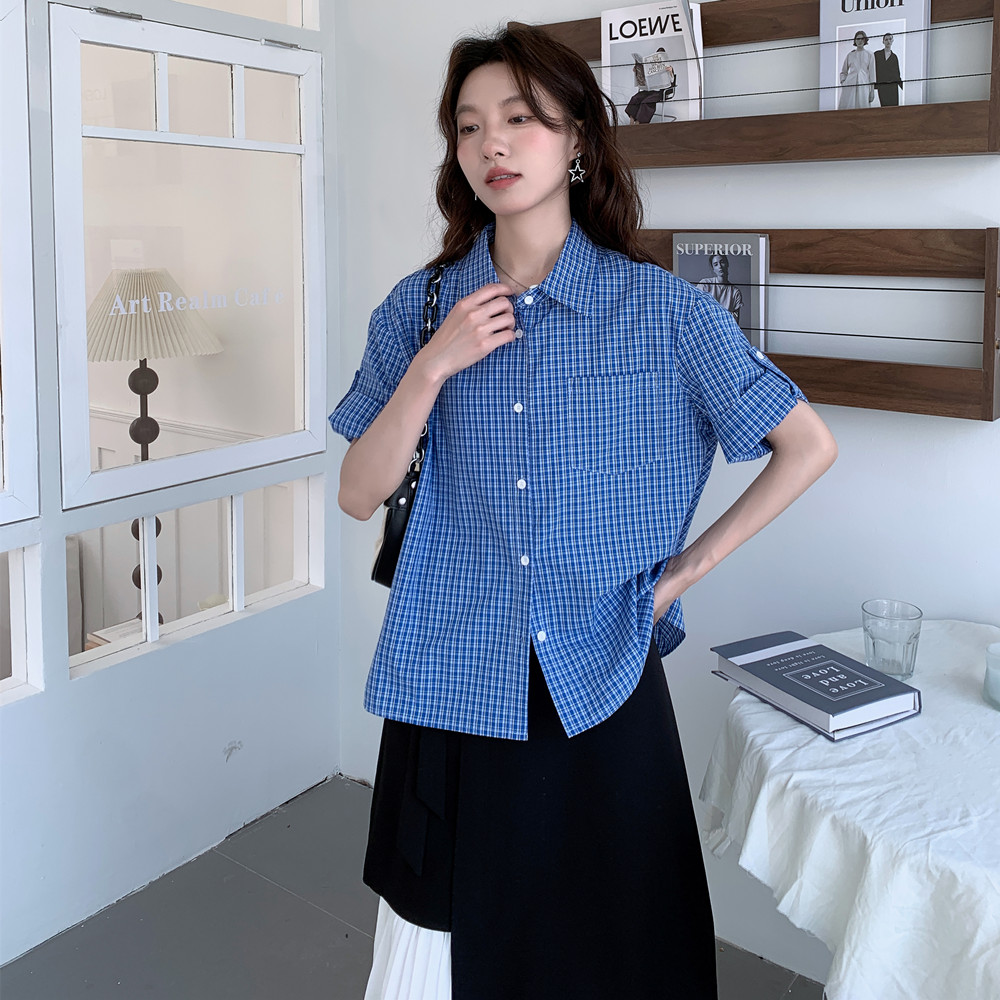 实拍 法式复古色织蓝格纹正肩通勤卷边半袖衬衫女夏季新款