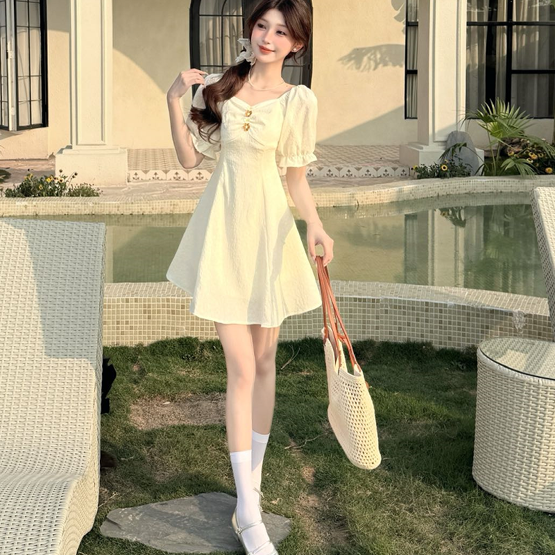 MY9734# 夏季新款茶歇法式初恋气质高级感女设计小众白色连衣裙子长裙女裝貨源服裝批發