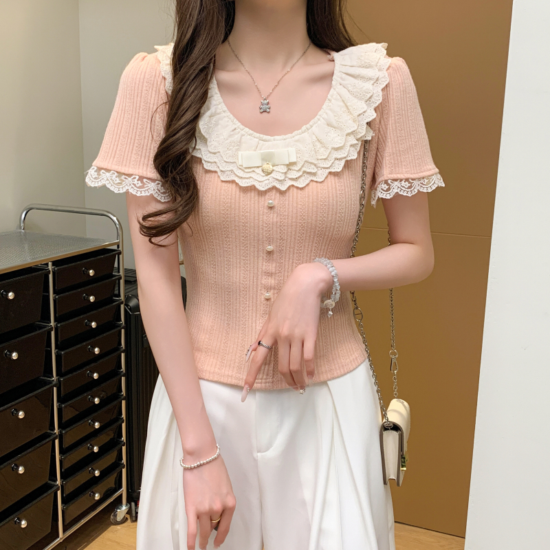 MY7373# 夏季新款女装T恤设计感蕾丝甜美短袖减龄百搭修身圆领女裝貨源服裝批發