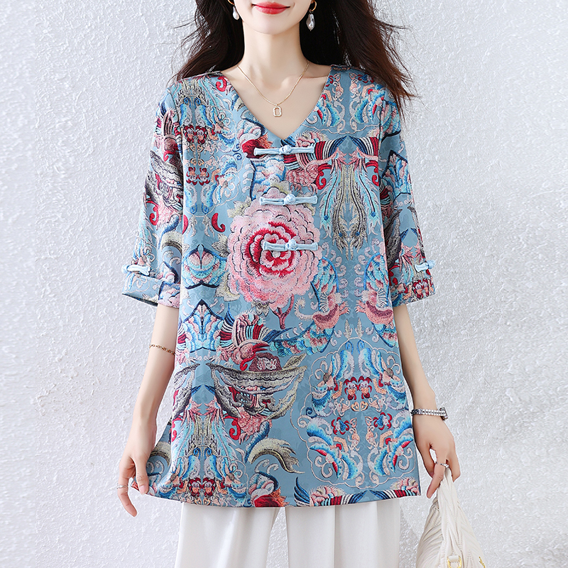 RY464# 实拍大码2026夏季气质百搭新中式盘扣提花复古遮肉短袖衬衫T...