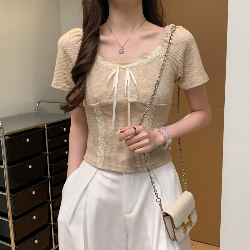 FA21274# 甜美清新洋气蕾丝拼接蝴蝶结短款短袖T恤女漏锁骨上衣服裝批發女裝批發服飾貨源