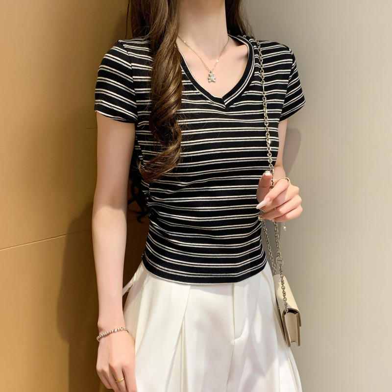 FA21280# 简约百搭新款V领条纹纯棉正肩短袖T恤女上衣休闲套头服裝批發女裝批發服飾貨源