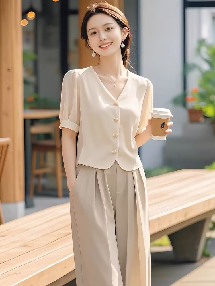 夏季新款干练气质高级感洋气时尚杏色上衣裤子两件套装女装 服裝批發女裝批發服飾貨源
