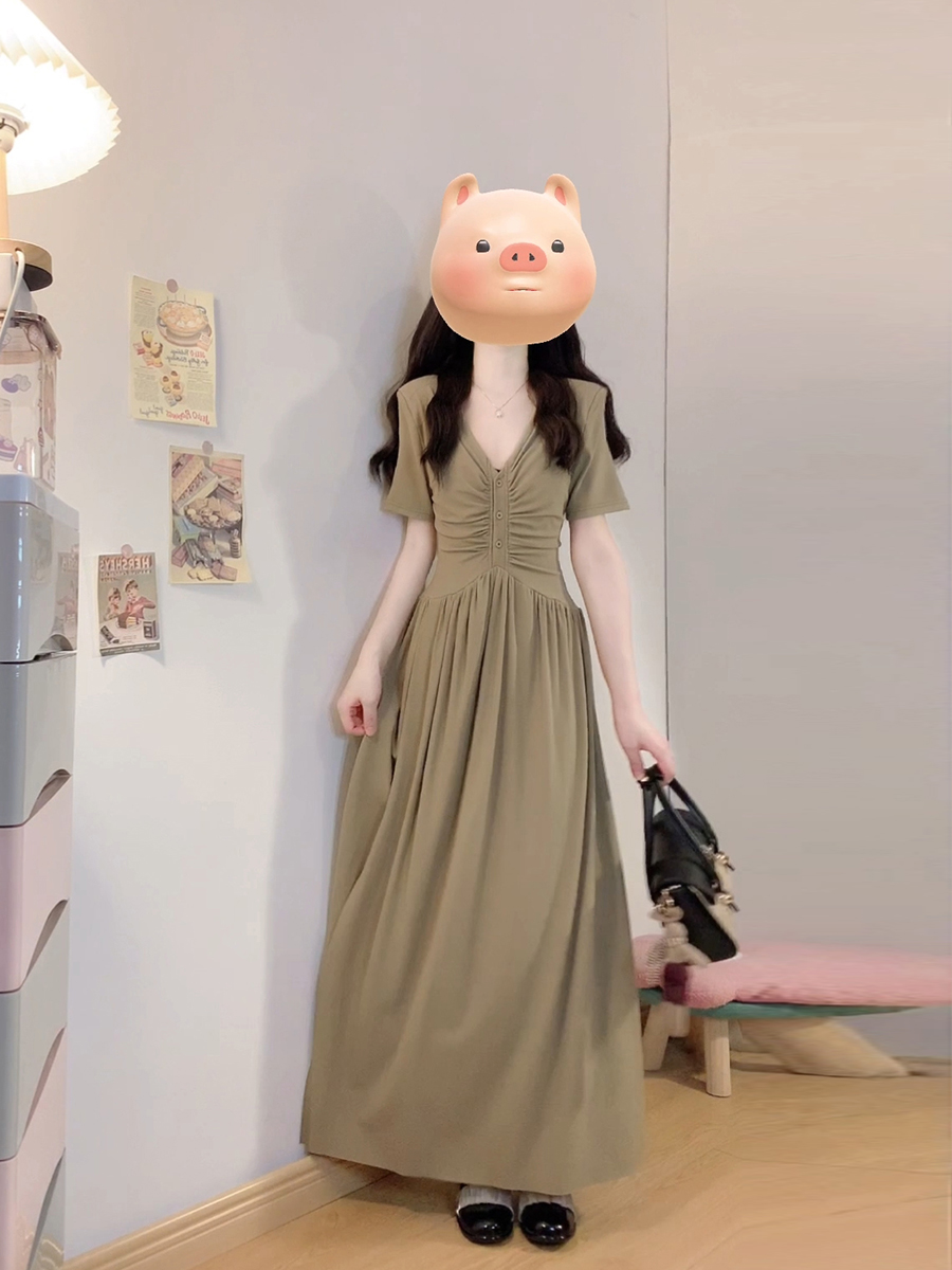 특별 가격 아니요 돌아 가기 빅 사이즈 여성 의류 V넥 주름 밑단 왼쪽 트임 반팔 여성 드레스 지방 mm 치마