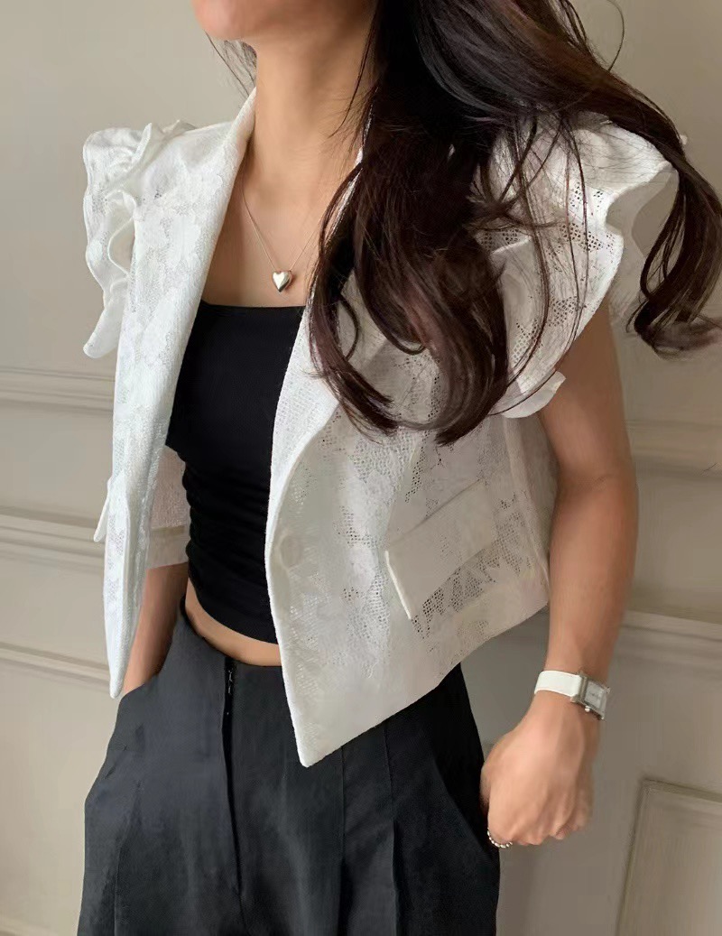 재고 있음 chic 한국 스타일 새로운 레이스 꽃 개성 대 프릴 반팔 정장 칼라 재킷 품격 여성