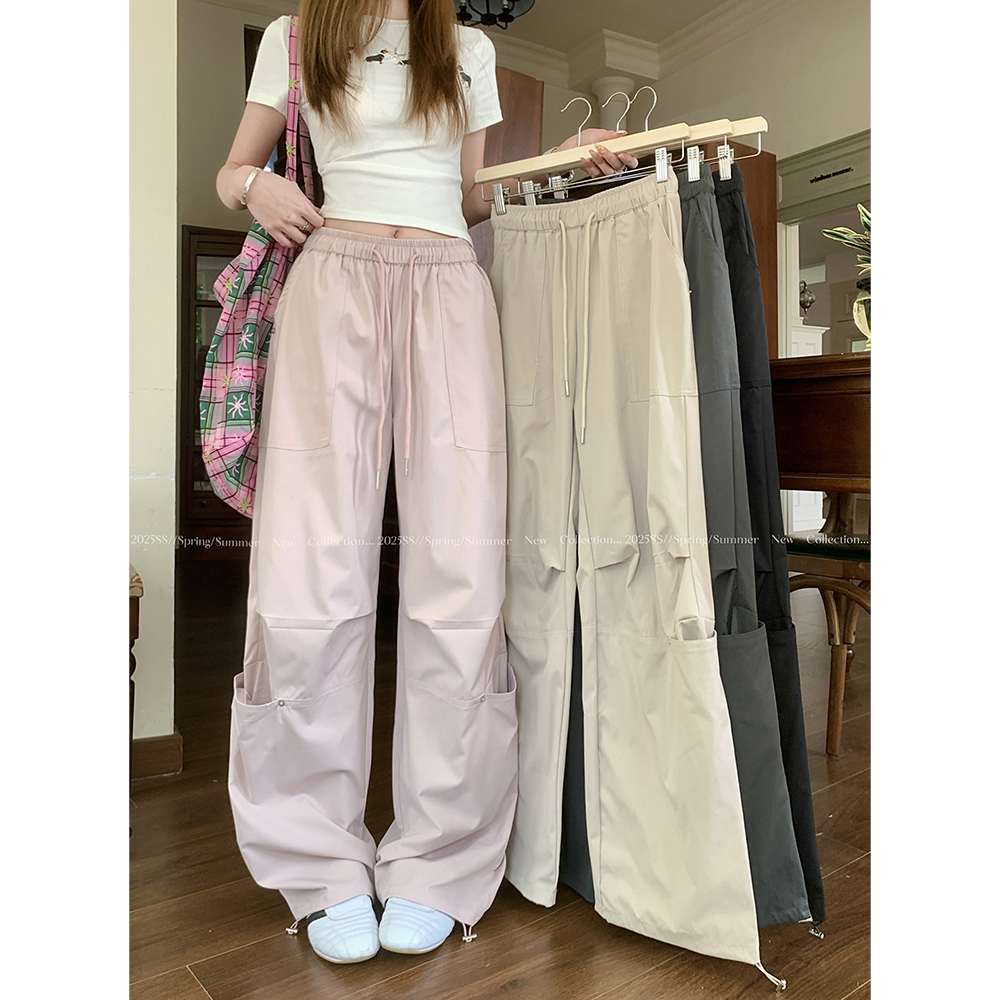 실사 2026 새로운 허리밴드 개성 워크웨어 팬츠 펌프 로프 빅 포켓 스트레이트 캐주얼 조거 바지 여성