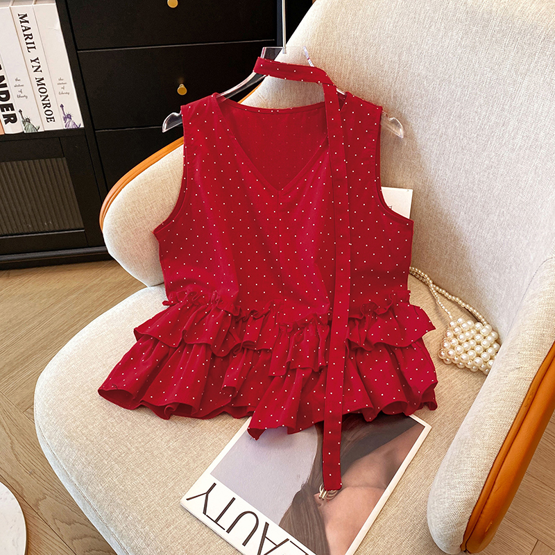 2026 여름 켜기 새로운 패션 한국 스타일 ins 트렌디 다용도 미니멀리즘 도트 무늬 불규칙 레이스 민소매 조끼 셔츠