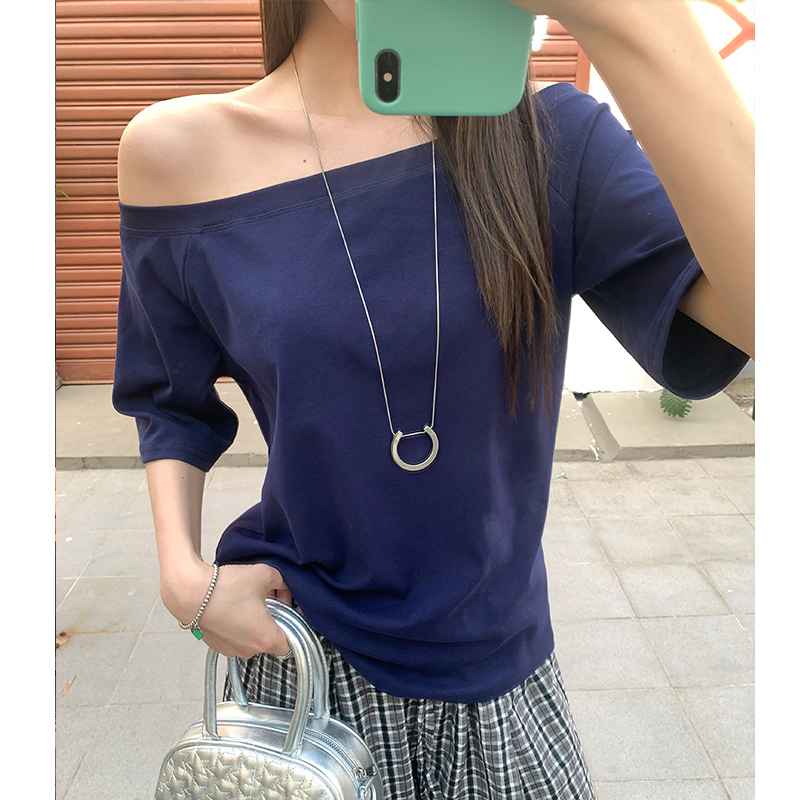 MY6508# 纯色斜肩短袖t恤女夏季新款设计感简约百搭显瘦宽松上衣女裝貨...
