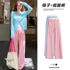 批发粉色格子<b class='q'>裤</b>女夏季2025新款高腰垂感直筒休闲宽松bf慵懒风阔腿<b class='q'>裤</b>