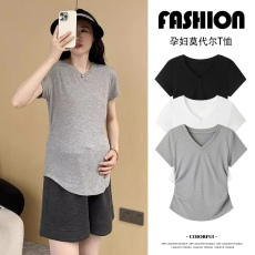 批发<b class='q'>孕妇</b><b class='q'>弹力</b>莫代尔薄款t恤 V领<b class='q'>修身</b>短袖上衣