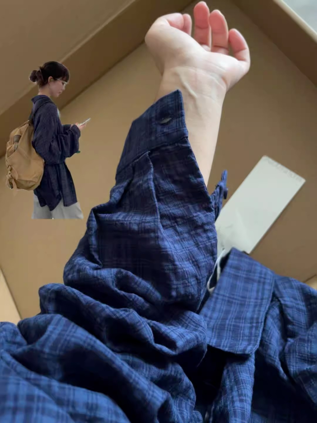 원본 품질 블루 격자 무늬 셔츠 여성 셔츠 디자인 센스 작은 대중 긴팔 셔츠