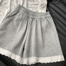 批发灰色运动短<b class='q'>裤</b>女夏薄款2025新款高腰阔腿宽松休闲小个子蕾丝五分<b class='q'>裤</b>