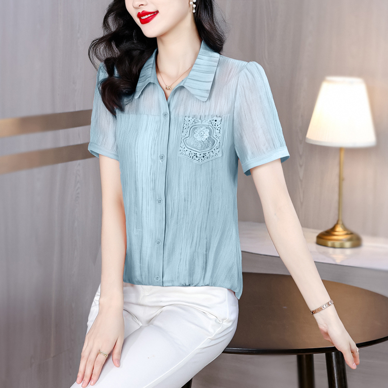 FA23808# 短袖衬衫女夏季新款时尚减龄小个子短款上衣女士遮肚显瘦小衫 服裝批發女裝批發服飾貨源