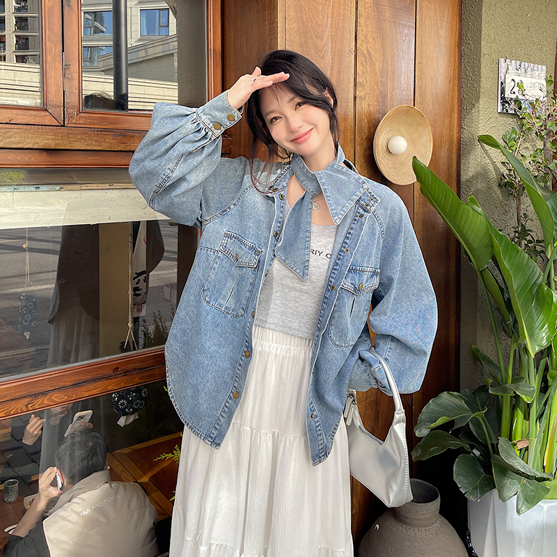 실사 항구 바람 레트로 데님 여성 셔츠 봄 가을 작은 대중 Chic 고유 한 디자인 센스 재킷 맨위 학원 스타일