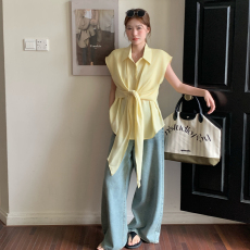 批发实拍韩系简约ins风气质轻薄透气天丝绑带背心<b class='q'>衬衫</b>上衣宽松<b class='q'>OL</b>