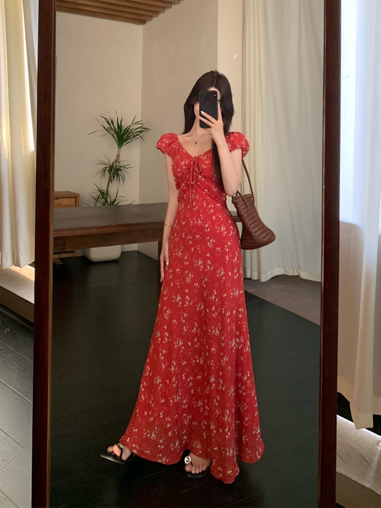 MY9151# 大码女装法式V领碎花茶歇裙胖mm气质收腰长裙绝美度假连衣裙女裝貨源服裝批發