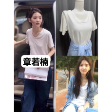 批发章若楠<b class='q'>同款</b>白色V领短袖T恤女2025夏季超火宽松慵懒风针织打底上衣