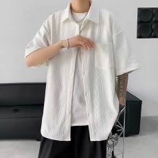 批发<b class='q'>简约</b>夏天薄款冰丝肌理感短袖衬衫男女时尚穿搭bf休闲半袖白色衬衣