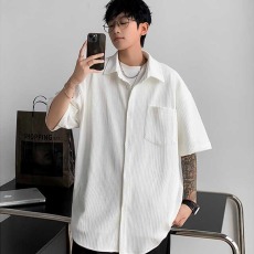 批发肌理感条纹衬衫男2025夏季款<b class='q'>简约</b>宽松短袖上衣潮流高级感休闲外套