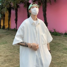 批发冰丝短袖衬衫男夏季薄款日系男生衬衣外套宽松痞帅高级感男装衣服
