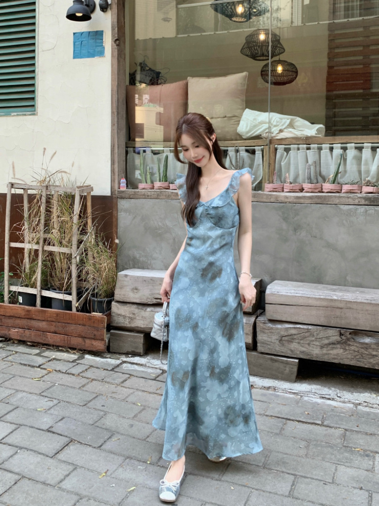실사 정가 한 부서 레트로 품격 V넥 프릴 레이스업 롱 스커트 파란색 홀치기 염색 꽃무늬 슬립 드레스