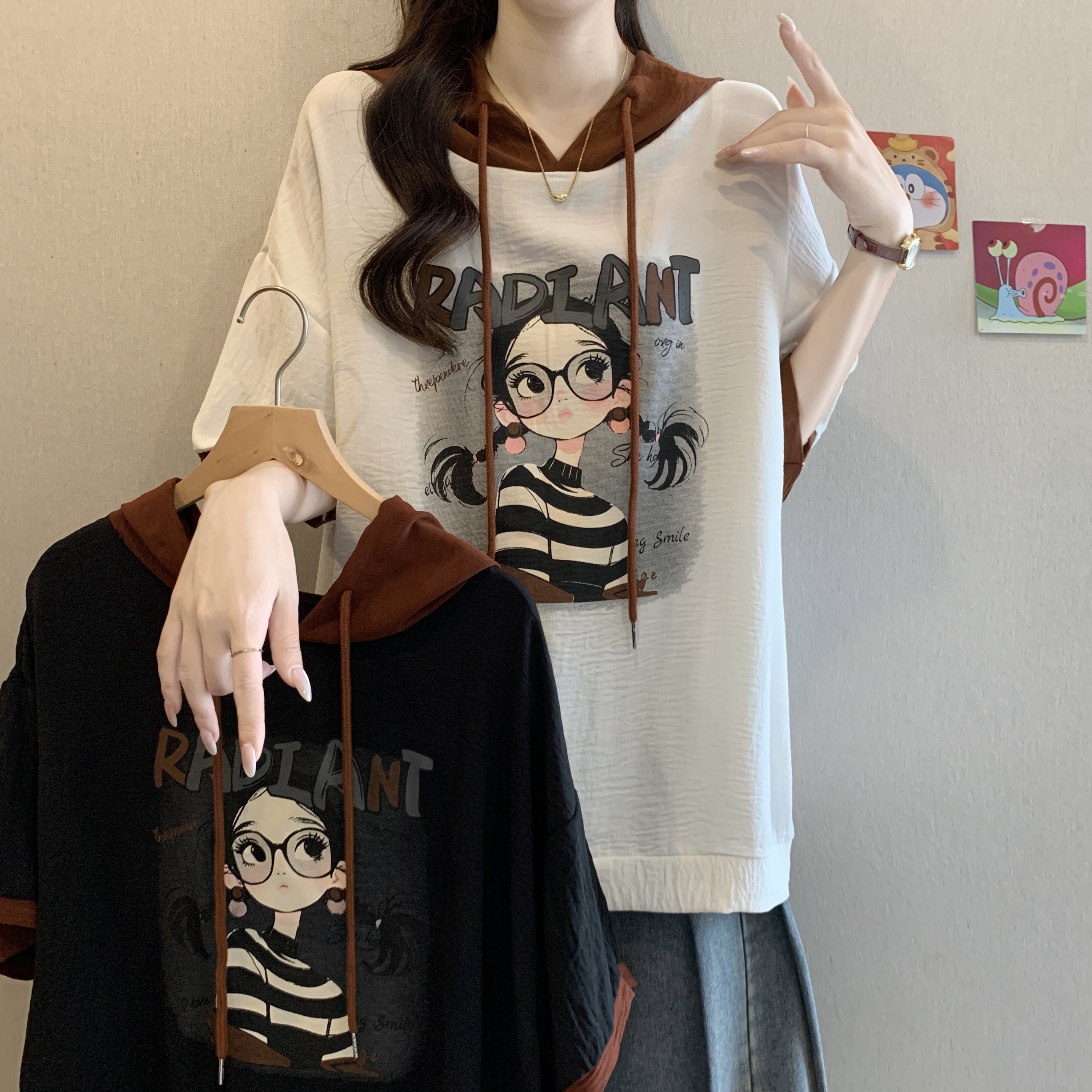 FA20171# 大码女装复古连帽全棉短袖t恤女夏季新款宽松时尚印花减龄上衣 服裝批發女裝批發服飾貨源