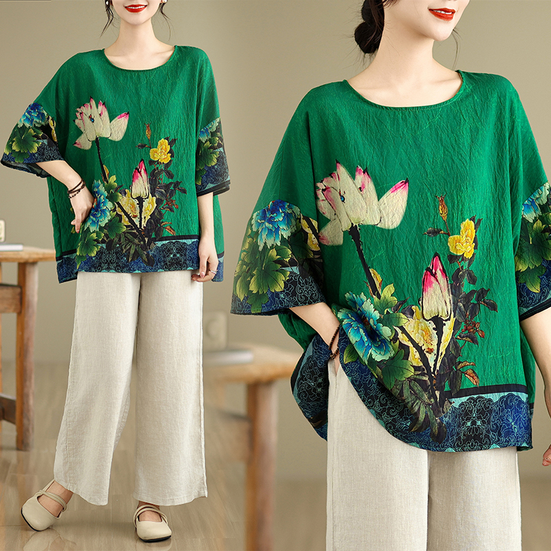 RY2585# 实拍2026夏季新品麻棉民族风蝙蝠袖宽松大码圆领T恤女