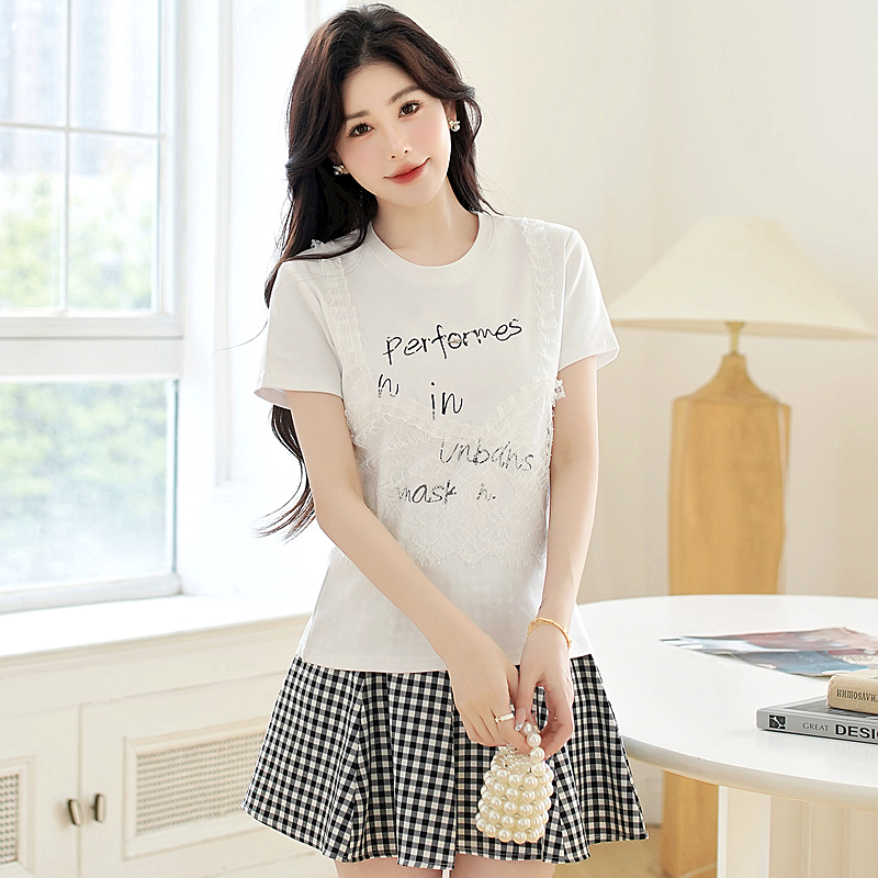 MY9514# 韩系蕾丝吊带拼接字母印花钉珠短袖T恤女夏装新款洋气假两件上衣女裝貨源服裝批發