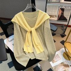 批发实拍两件套披肩条纹撞色长袖T恤女夏薄款打底衫防晒<b class='q'>罩衫</b>宽松上衣