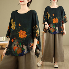 批发<b class='q'>实拍</b>2026夏季新品麻棉民族风蝙蝠袖宽松<b class='q'>大码</b>圆领T恤女